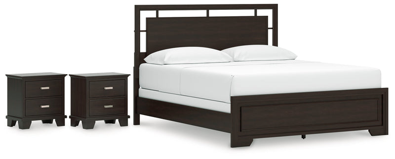 Covetown California King Panel Bed with 2 Nightstands in Dark Brown from Ashley - Lara Furniture