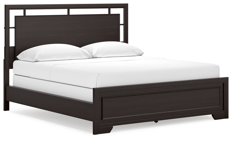 Covetown California King Panel Bed with Mirrored Dresser and 2 Nightstands in Dark Brown from Ashley - Lara Furniture