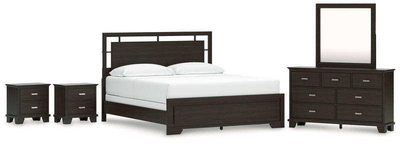Covetown California King Panel Bed with Mirrored Dresser and 2 Nightstands in Dark Brown from Ashley - Lara Furniture
