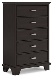 Covetown California King Panel Bed with Mirrored Dresser, Chest and Nightstand in Dark Brown from Ashley - Lara Furniture