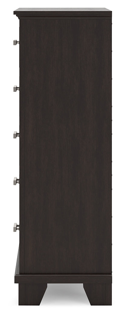 Covetown California King Panel Bed with Mirrored Dresser, Chest and Nightstand in Dark Brown from Ashley - Lara Furniture