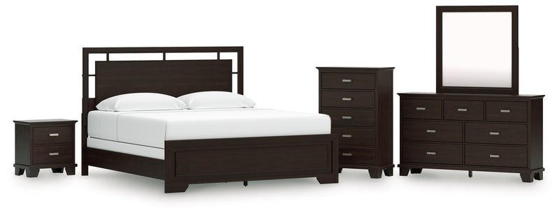 Covetown California King Panel Bed with Mirrored Dresser, Chest and Nightstand in Dark Brown from Ashley - Lara Furniture