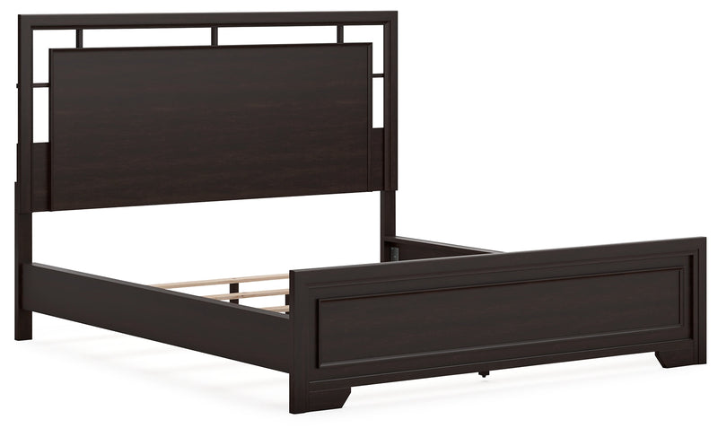 Covetown California King Panel Bed with Mirrored Dresser, Chest and Nightstand in Dark Brown from Ashley - Lara Furniture