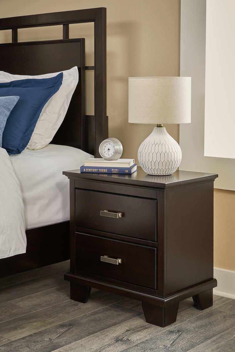 Covetown California King Panel Bed with Mirrored Dresser, Chest and Nightstand in Dark Brown from Ashley - Lara Furniture