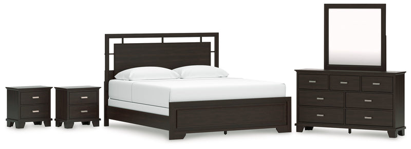 Covetown King Panel Bed with Mirrored Dresser and 2 Nightstands in Dark Brown from Ashley - Lara Furniture