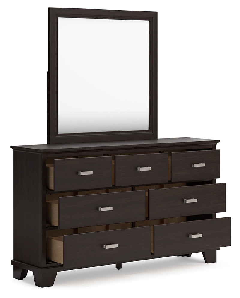 Covetown King Panel Bed with Mirrored Dresser and 2 Nightstands in Dark Brown from Ashley - Lara Furniture