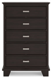 Covetown King Panel Bed with Mirrored Dresser and Chest in Dark Brown from Ashley - Lara Furniture