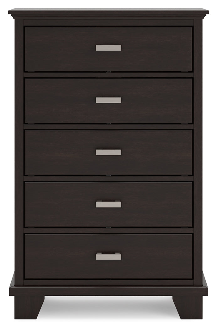 Covetown King Panel Bed with Mirrored Dresser and Chest in Dark Brown from Ashley - Lara Furniture
