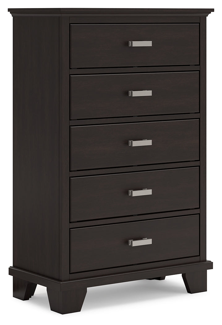 Covetown King Panel Bed with Mirrored Dresser and Chest in Dark Brown from Ashley - Lara Furniture