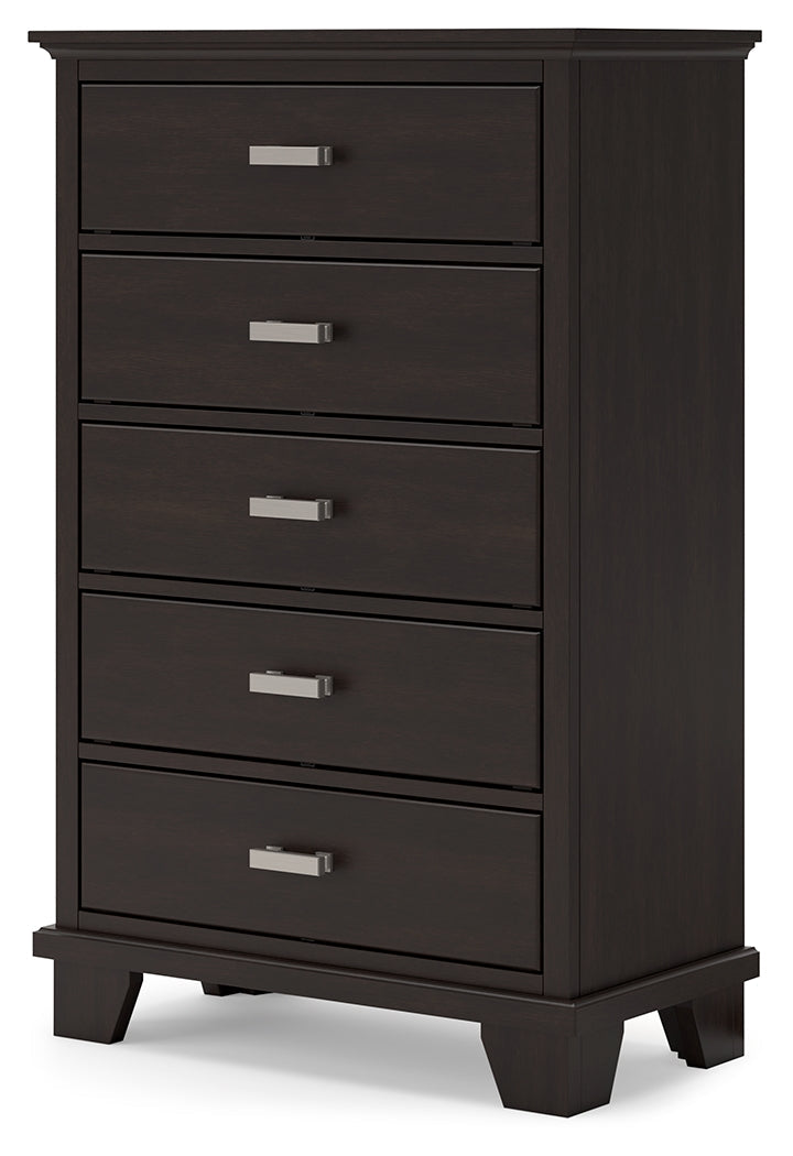 Covetown King Panel Bed with Mirrored Dresser and Chest in Dark Brown from Ashley - Lara Furniture