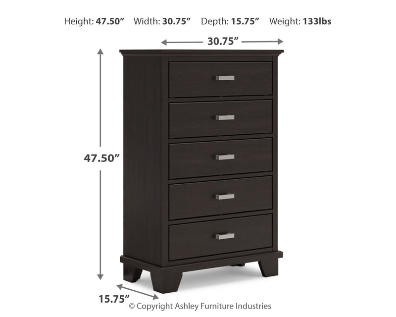 Covetown King Panel Bed with Mirrored Dresser and Chest in Dark Brown from Ashley - Lara Furniture