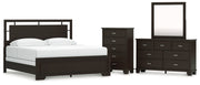 Covetown King Panel Bed with Mirrored Dresser and Chest in Dark Brown from Ashley - Lara Furniture