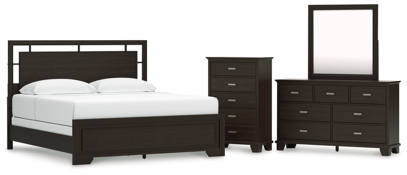 Covetown King Panel Bed with Mirrored Dresser and Chest in Dark Brown from Ashley - Lara Furniture