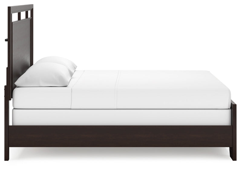 Covetown King Panel Bed with Mirrored Dresser and Chest in Dark Brown from Ashley - Lara Furniture