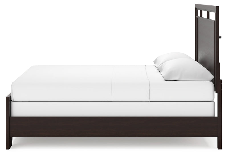 Covetown King Panel Bed with Mirrored Dresser and Chest in Dark Brown from Ashley - Lara Furniture