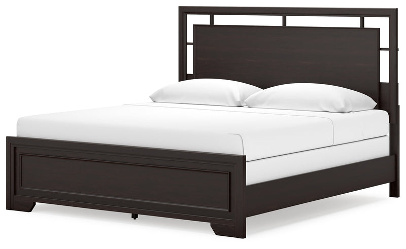 Covetown King Panel Bed with Mirrored Dresser and Chest in Dark Brown from Ashley - Lara Furniture