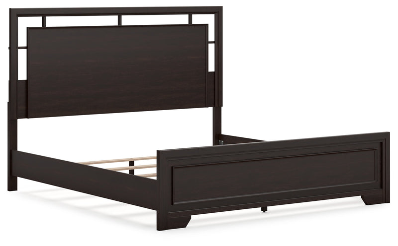 Covetown King Panel Bed with Mirrored Dresser and Chest in Dark Brown from Ashley - Lara Furniture