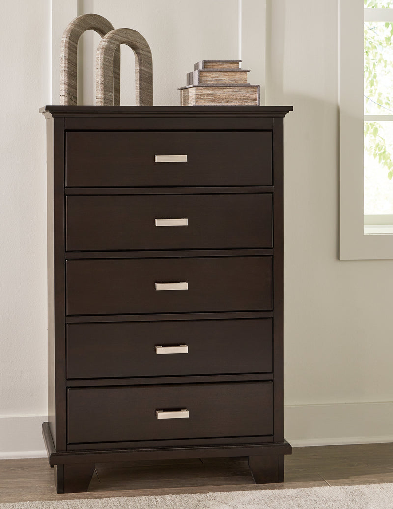 Covetown King Panel Bed with Mirrored Dresser and Chest in Dark Brown from Ashley - Lara Furniture