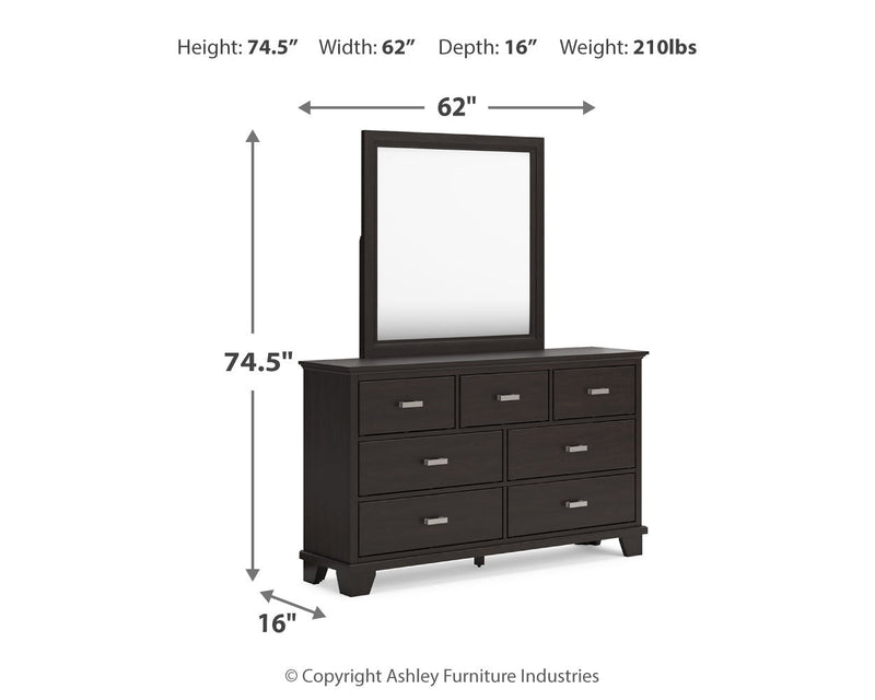 Covetown King Panel Bed with Mirrored Dresser and Chest in Dark Brown from Ashley - Lara Furniture