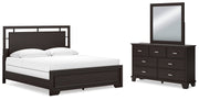 Covetown King Panel Bed with Mirrored Dresser in Dark Brown - PKG016811