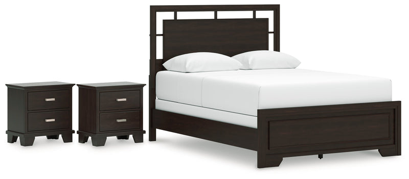 Covetown Queen Panel Bed with 2 Nightstands in Dark Brown from Ashley - Lara Furniture