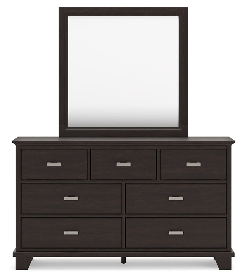 Covetown Queen Panel Bed with Mirrored Dresser, Chest and Nightstand in Dark Brown from Ashley - Lara Furniture