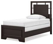 Covetown Twin Panel Bed with Mirrored Dresser, Chest and Nightstand in Dark Brown - PKG016622