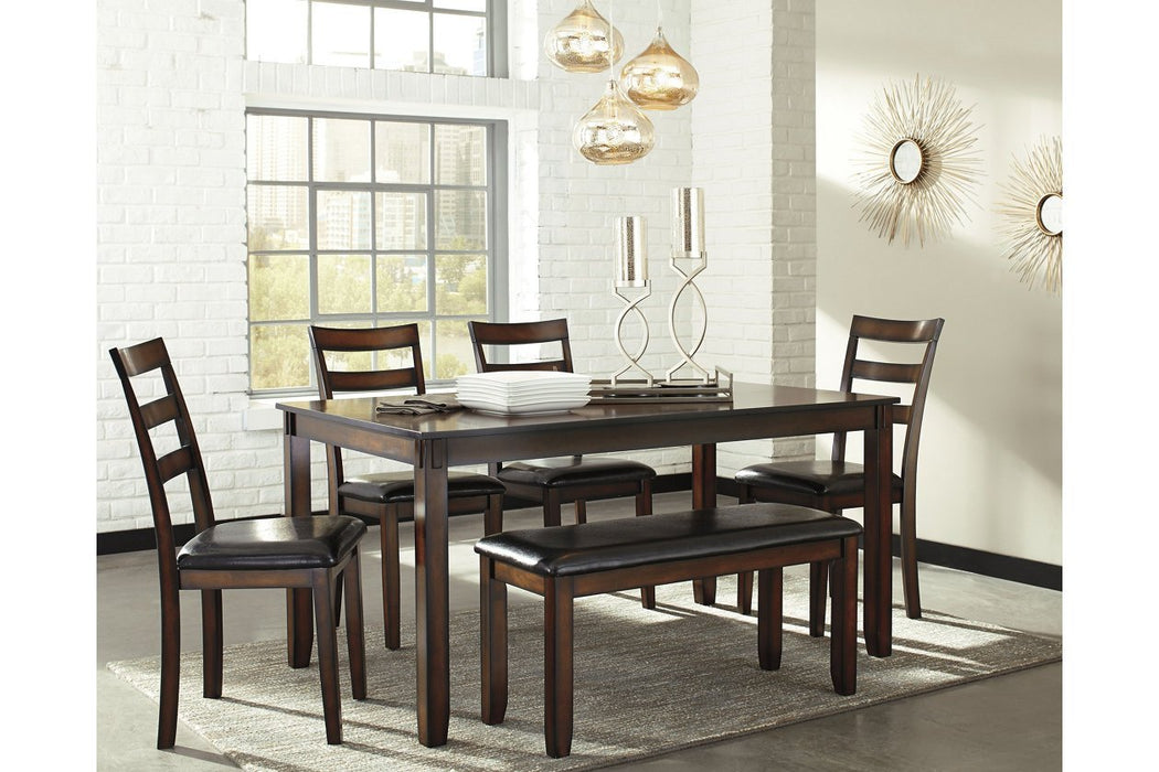 Coviar Brown Dining Table and Chairs with Bench (Set of 6) - Gate FurnitureDining Room Set