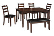 Coviar Brown Dining Table and Chairs with Bench (Set of 6) - Gate FurnitureDining Room Set
