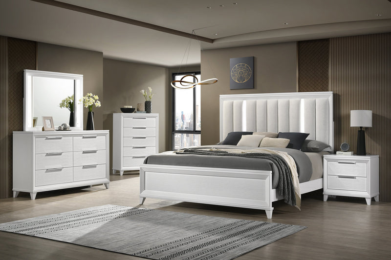 Cressida White Queen Upholstered LED Panel Bed - Lara FurnitureQueen Bed