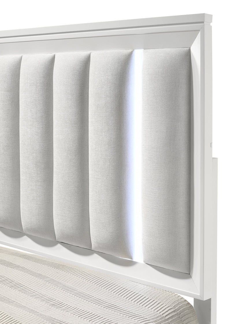 Cressida White Queen Upholstered LED Panel Bed - Lara FurnitureQueen Bed