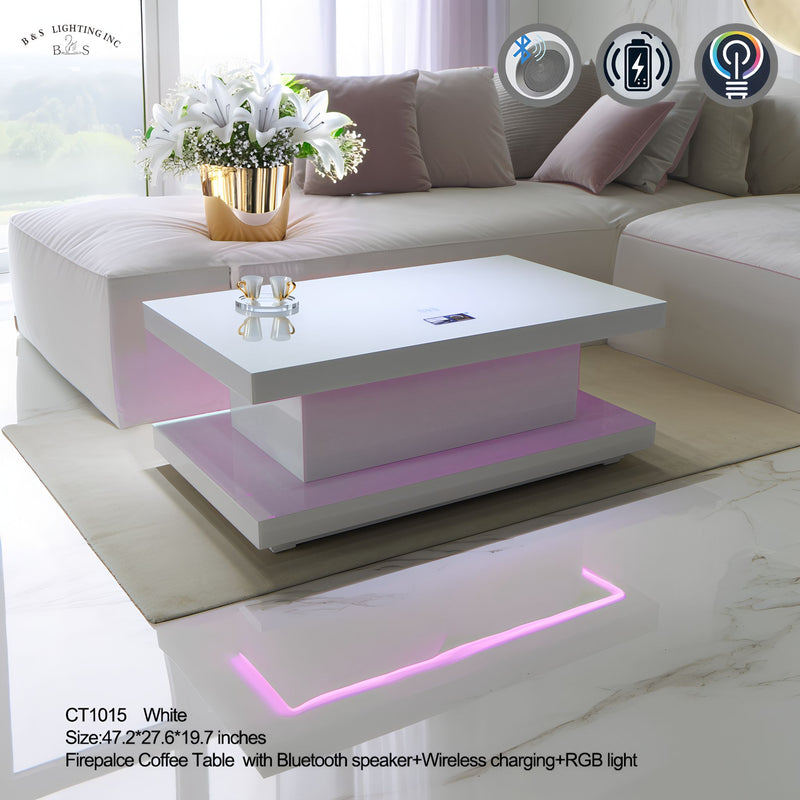 CT1015 WHITE 48X28X20 INCH COFFEE TABLE BLUETOOTH SPEAKER ,COLOR CHANGING LED AND WIRLESS CHARGER - 210000007829