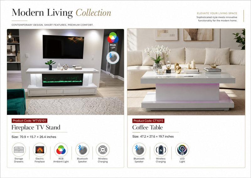 CT1015 WHITE 48X28X20 INCH COFFEE TABLE BLUETOOTH SPEAKER ,COLOR CHANGING LED AND WIRLESS CHARGER - 210000007829