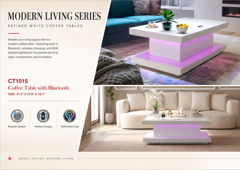 CT1015 WHITE 48X28X20 INCH COFFEE TABLE BLUETOOTH SPEAKER ,COLOR CHANGING LED AND WIRLESS CHARGER - 210000007829