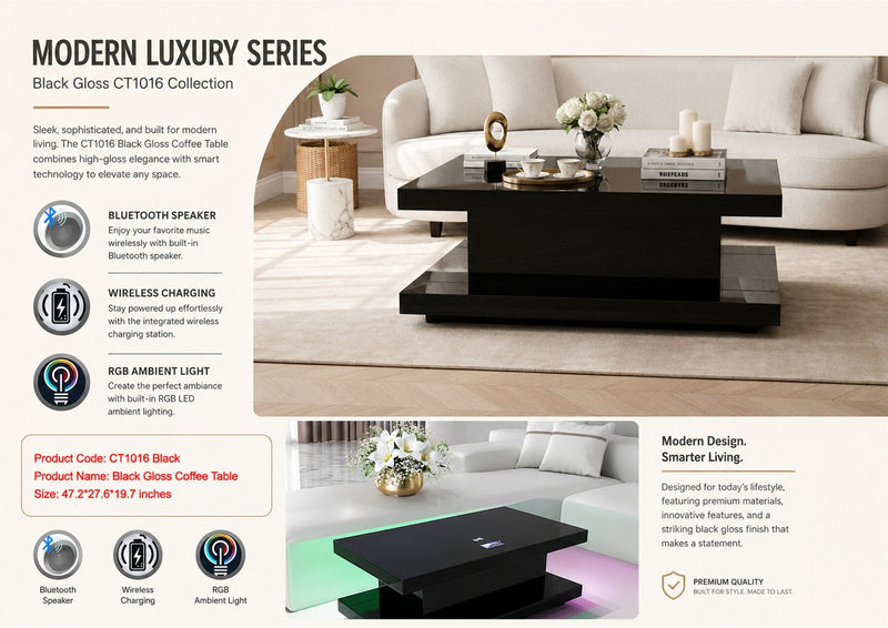 CT1016 BLACK 48X28X20 INCH COFFEE TABLE BLUETOOTH SPEAKER ,COLOR CHANGING LED AND WIRLESS CHARGER - 210000007831