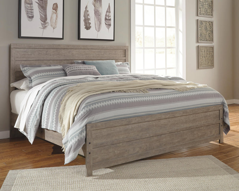 Culverbach King Panel Bed with Mirrored Dresser, Chest and Nightstand in Gray - PKG011531