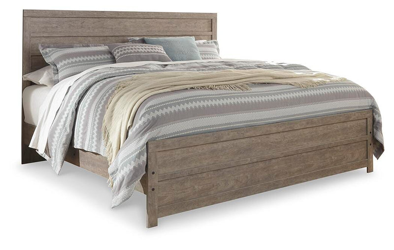 Culverbach King Panel Bed with Mirrored Dresser, Chest and Nightstand in Gray - PKG011531