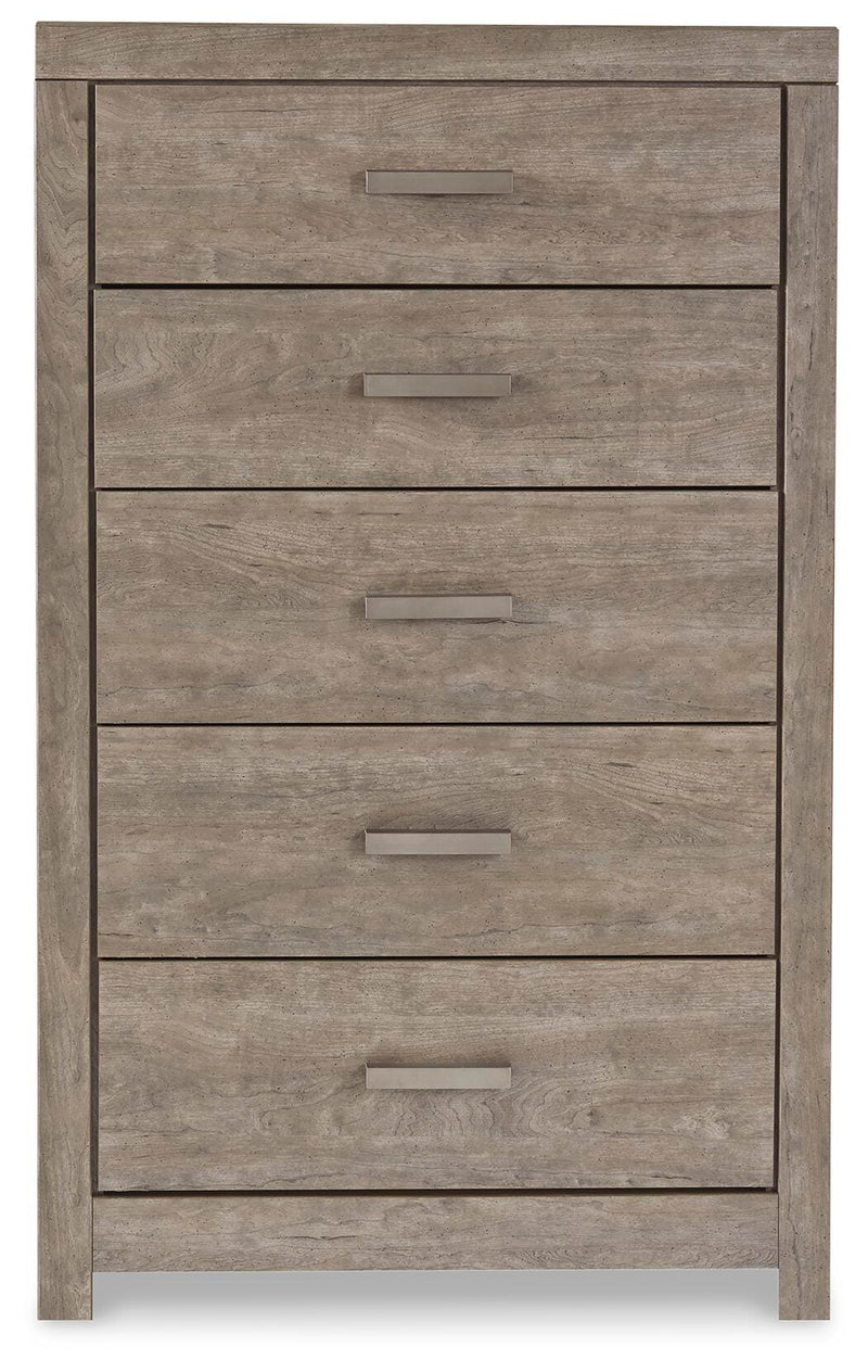 Culverbach King Panel Bed with Mirrored Dresser, Chest and Nightstand in Gray - PKG011531