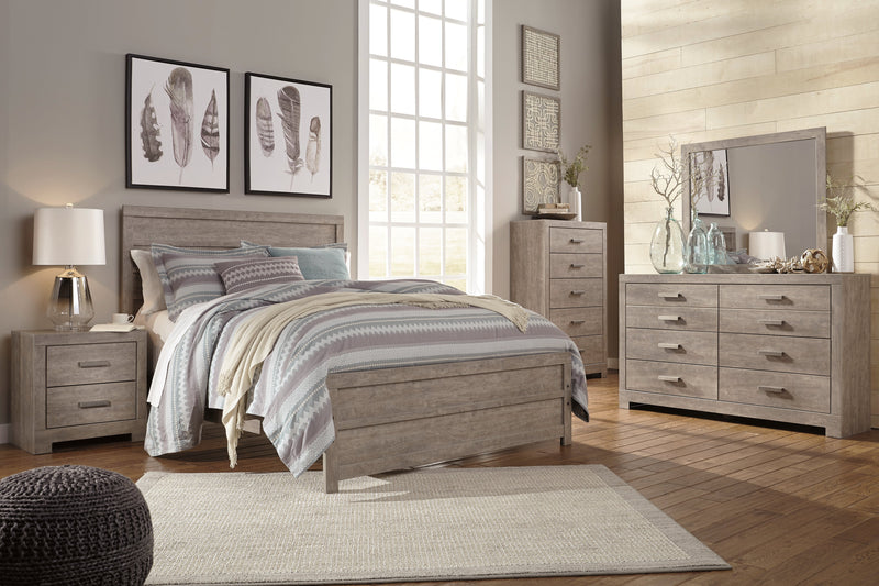 Culverbach Queen Panel Bed with Mirrored Dresser, Chest and Nightstand in Gray - PKG011525