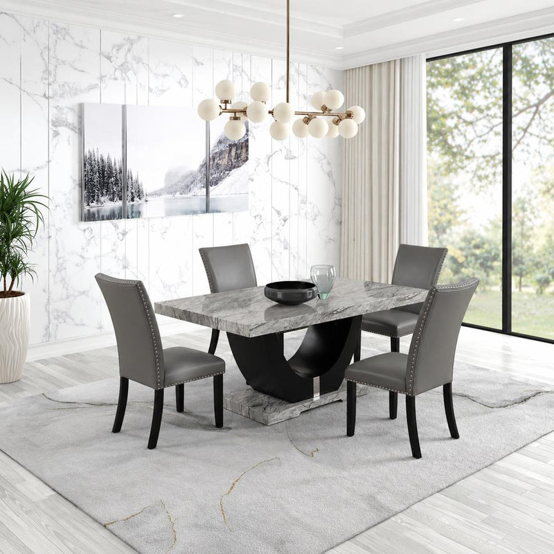 [D210-5PC-Set] Vivian - 5PC Dining Set, MDF/ SOLID RUBBER WOOD/ PU, Gray / Black Each - D210-5PC-Set