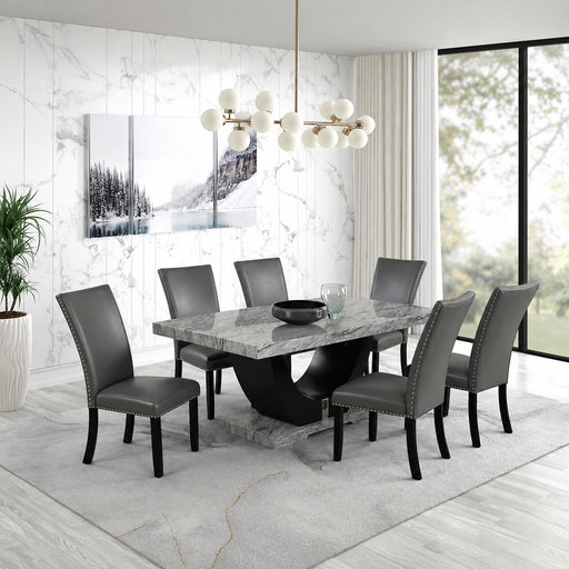 [D210-7PC-Set] Vivian - 7PC Dining Set, MDF/ SOLID RUBBER WOOD/ PU, Gray / Black Each - D210-7PC-Set