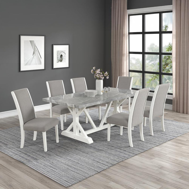 [D211-7PC-Set] Sarah - 7PC Dining Set, MDF/ SOLID WOOD/ FABRIC, Gray / White With : N/A Each - D211-7PC-Set