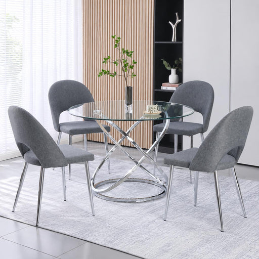 [D305-5PC-Set] Helix - 5PC Dining Set (Chrome & Gray), Metal, Glass, Fabric, Chrome/Gray Box of 4 - D305-5PC-Set