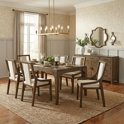 [D324-7PC-Set] Langford - 7PC Dining Set, Solid Rubber Wood, MDF, Acaica Veneer, Plywood, Fabric, Brown Each - D324-7PC-Set