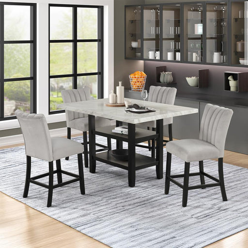 [D528-5PC-Set] Ayla - 5PC Pub Table Set (White & Gray, Velvet), MDF / SOLID RUBBER WOOD / VELVET, WHITE / GRAY Each - D528-5PC-Set