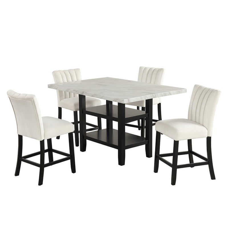 [D529-5PC-Set] Ayla - 5PC Pub Table Set (White & Cream, Velvet), MDF / SOLID RUBBER WOOD / VELVET, WHITE / CREAM Each - D529-5PC-Set