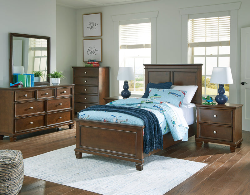 Danabrin Twin Panel Bed with Mirrored Dresser, Chest and 2 Nightstands in Brown - PKG015195