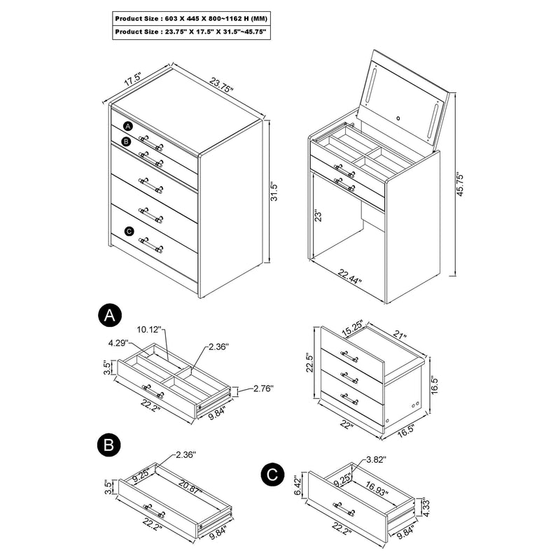 Danbury 3-drawer Makeup Vanity & Stool Set White High Gloss - 930208
