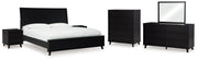 Danziar King Panel Bed with Mirrored Dresser, Chest and 2 Nightstands in Black - PKG015915