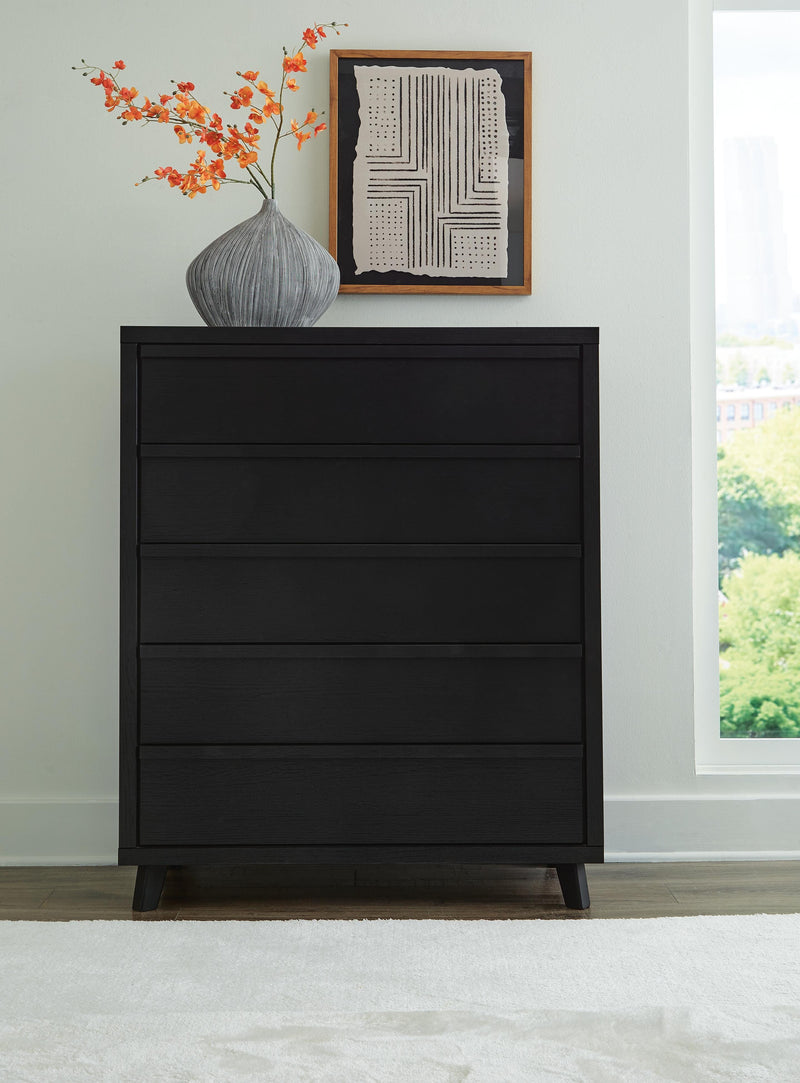 Danziar King Panel Headboard, Dresser, Mirror, Chest and Nightstand in Black - PKG016026